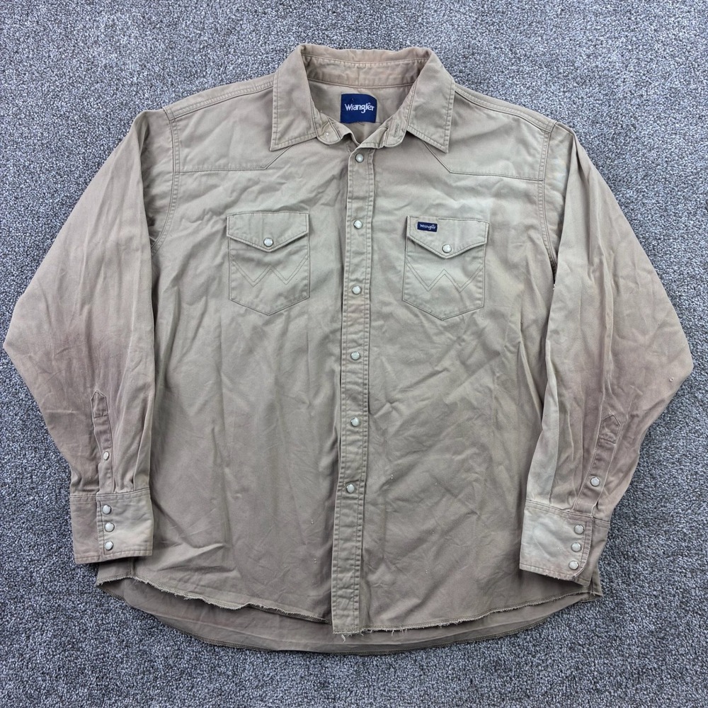Vintage Wrangler Western Pearl Snap Shirt Mens XL Tan Long Sleeve Distressed